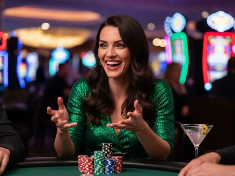 Happy woman smiling while enjoying games at a green casino chip