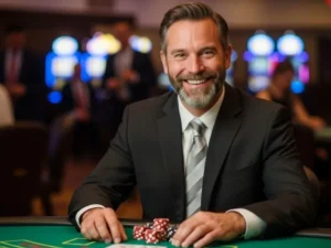 Smiling elderly man enjoying a poker game in a casino, representing green casino chip excitement.