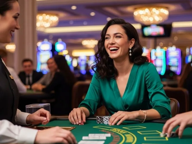 Woman smiling while playing at a casino table with a green casino chip