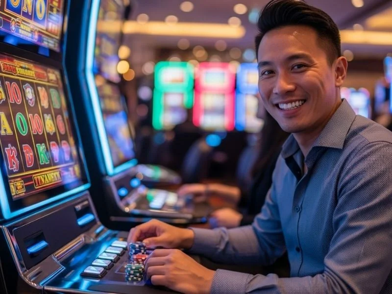 Happy man laughing while playing slot machines in a physical casino, representing the fun and exciting gaming atmosphere associated with GWI Casino.