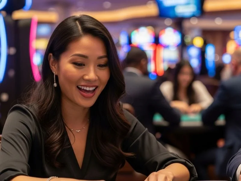 Woman happily playing table games in a physical casino with chips on the table, representing the exciting gaming experience associated with GWI Casino.