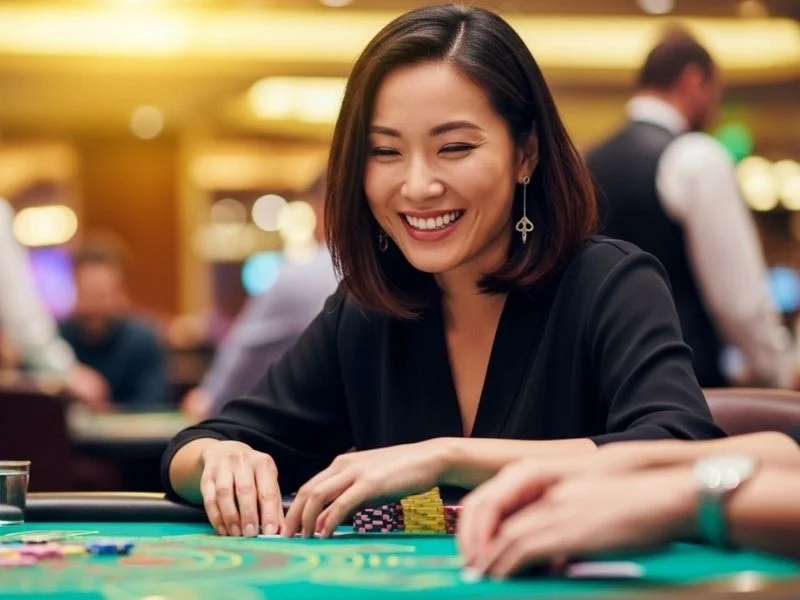 Smiling woman playing card games at a physical casino table, representing gwi casino gaming experience.