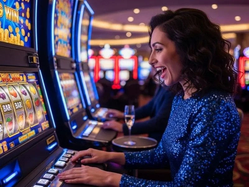 Cheerful woman playing hot shot casino slots inside a lively casino.