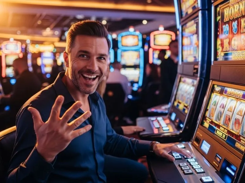 Man smiling while playing Hot Shot Casino Slots inside a lively casino