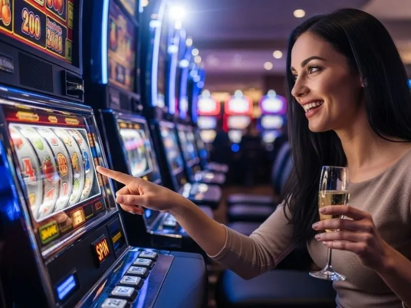 Smiling woman playing hot shot casino slots inside a vibrant casino