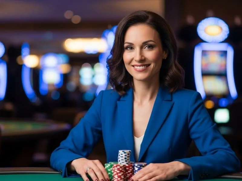 Woman smiling with her winnings while playing hot shot casino slots inside a lively casino.