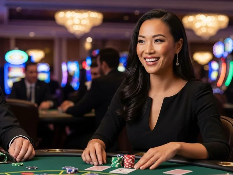 Lady smiling and enjoying a poker game at Jiliko Slot Online Casino
