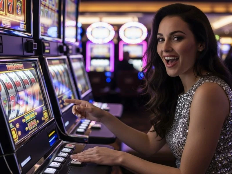Woman smiling with excitement after hitting a jackpot on a slot machine at Jiliko Slot Online Casino.