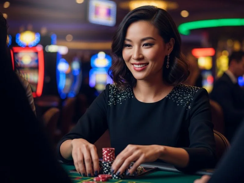 Woman smiling with her casino chips after a win at Jiliko slot online casino.