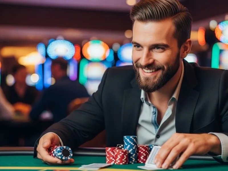 Man laughing while playing Paydirt Free Slot Casino games inside a lively physical casino