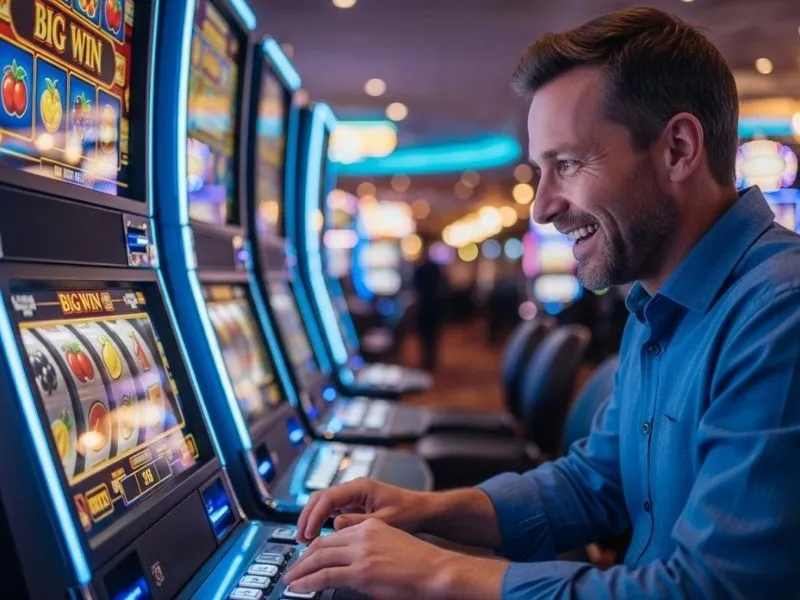 Smiling man playing Paydirt Free Slot Casino machines inside a lively physical casino