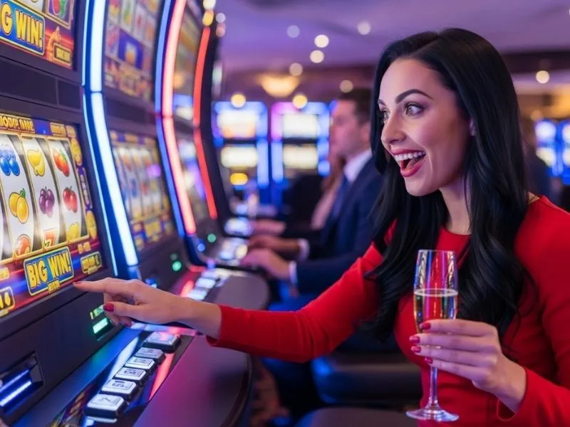 Smiling woman playing slots inside a physical casino at Paydirt Free Slot Casino