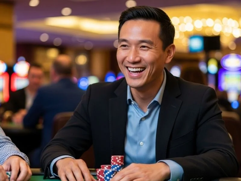 Happy man sitting at a casino table with poker chips, enjoying his winnings at S5 Casino Free.