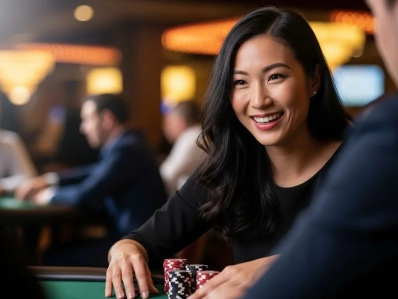 Woman smiling while playing at a casino table with chips in front of her, enjoying the excitement of S5 Casino Free.