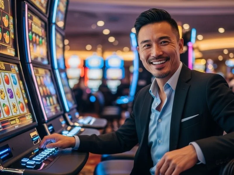 Man enjoying slot machines at a casino, having fun while playing at s5 casino free.