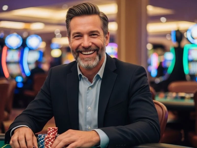 Elderly man happily celebrating a poker win at a physical casino, enjoying the excitement of s5 casino free.