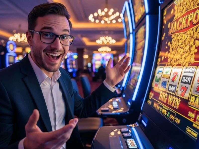 Man happily celebrating a slot machine jackpot at a casino, enjoying slot casino free 100 rewards.
