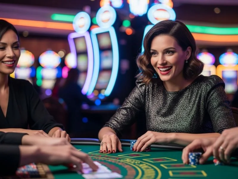 Woman smiling and betting at a baccarat table in a casino using slot casino free 100.