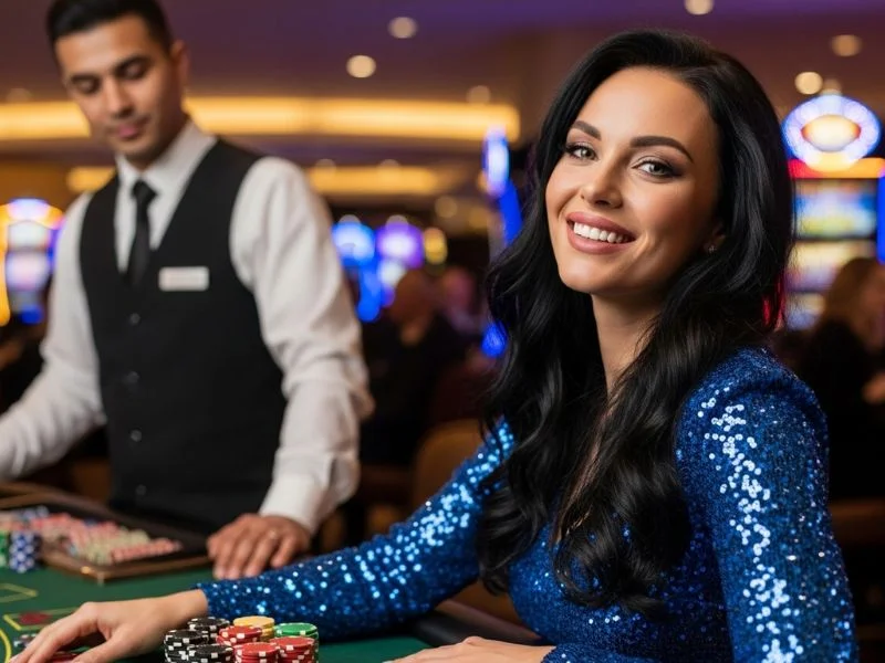 Lady happily playing blackjack at a casino table at Slot Zone Casino