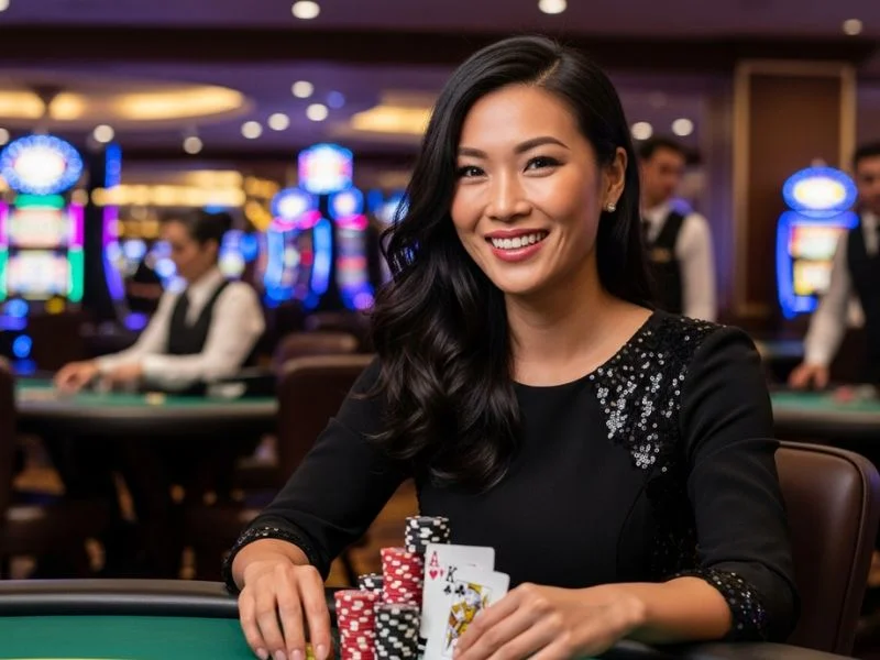 Lady smiling while playing poker at a casino table at Slot Zone Casino