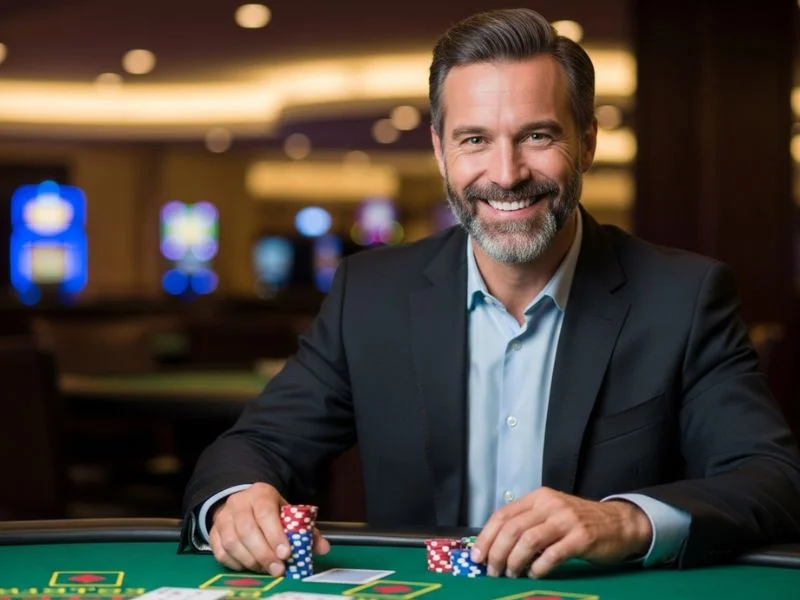 Old man smiling and placing bets on a blackjack table at Slot Zone Casino
