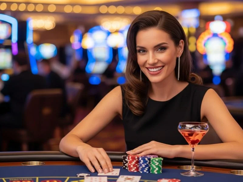 Woman smiling brightly while playing cards at Slot Zone Casino