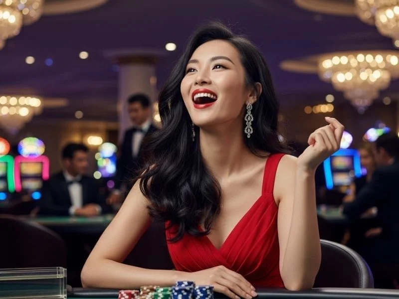 Woman smiling and happily playing table games at a casino, enjoying her luck at Swerte Casino.