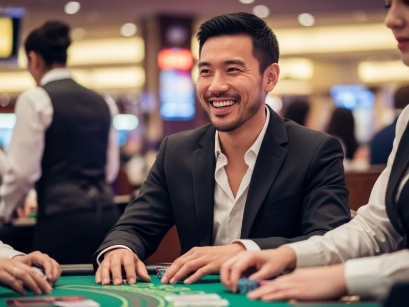 Smiling man playing cards at a casino table, enjoying his win at Swerte Casino