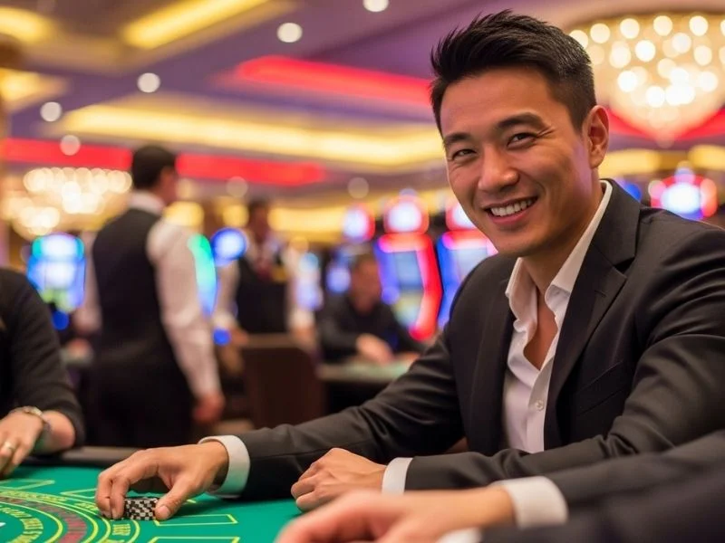 Smiling man happily playing blackjack at a casino table, enjoying the excitement of Swerte Casino.