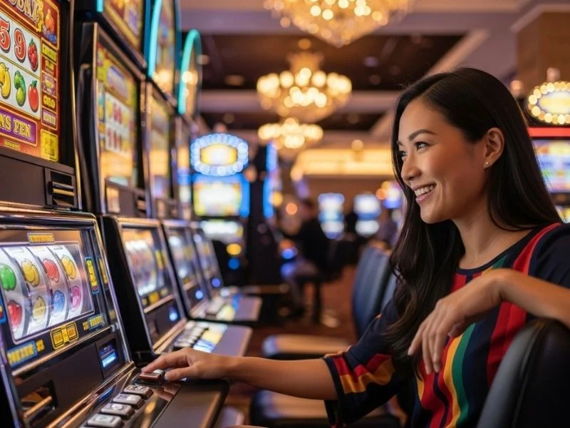 Smiling woman enjoying a slot machine game at a casino, having fun and winning at Swerte Casino.