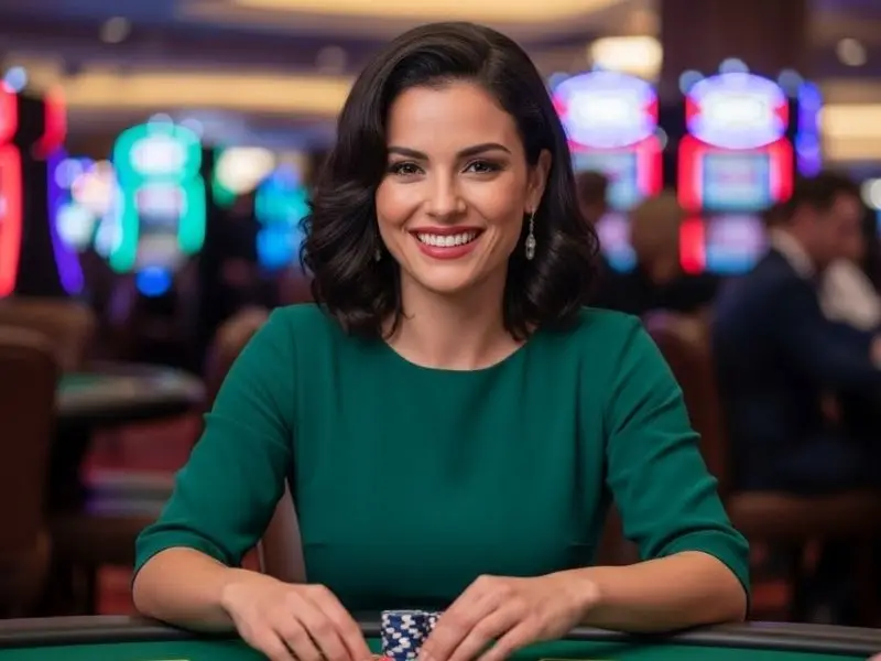Casino token joyful player smiling at poker table while enjoying an exciting casino gaming experience