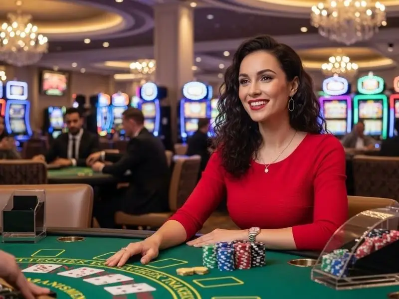 Enjoy exciting online casino games as a smiling woman plays poker in a modern casino environment