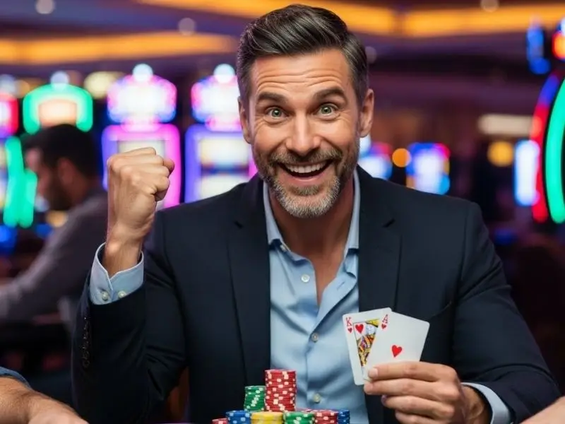 j8jili casino player smiling while holding poker cards during an online casino game