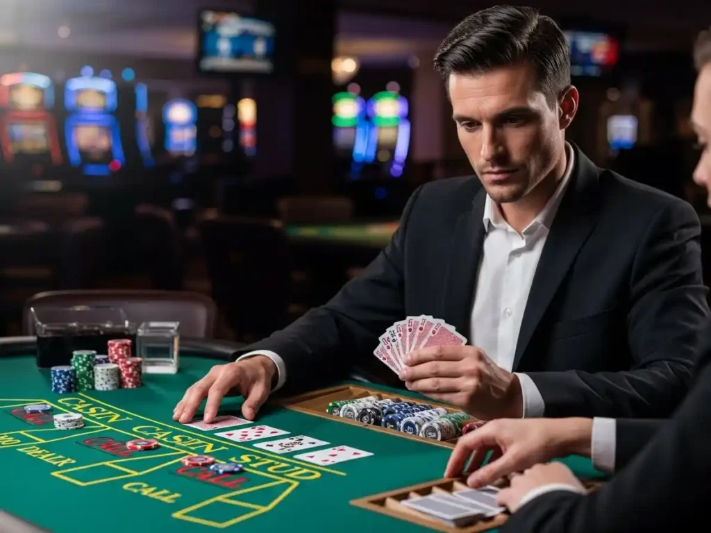 Excited individual playing Casino War at s5 casino free 51 with cards and chips on the table.