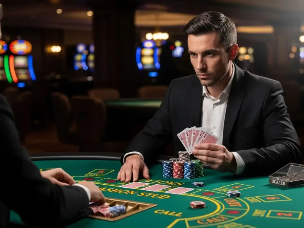 Player placing a bet during Casino War at s5 casino free 51, focused on winning the round.