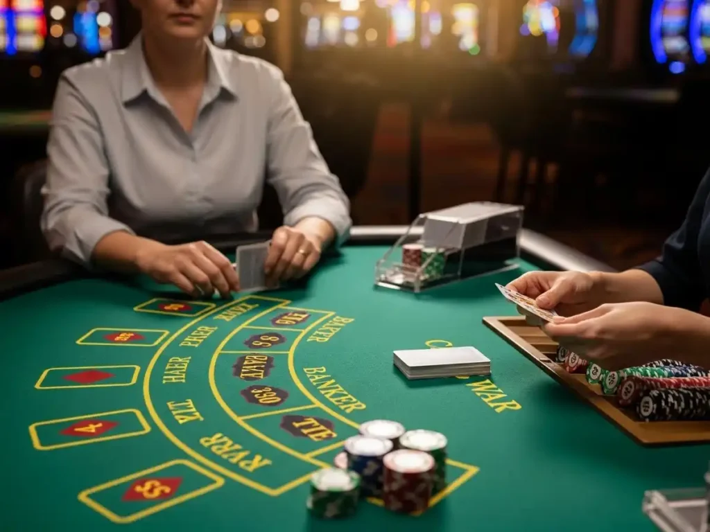 Casino guest engaged in a game of Casino War at s5 casino free 51, with cards and chips in play.