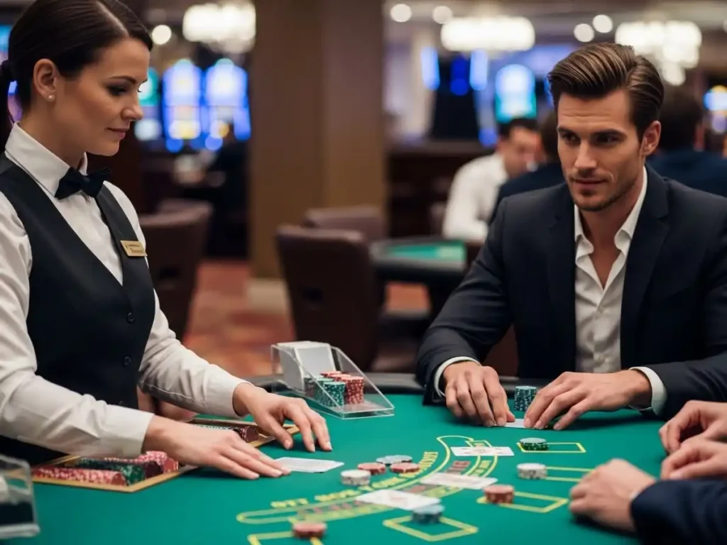 Casino guest examining cards at the blackjack table in superace88 casino.