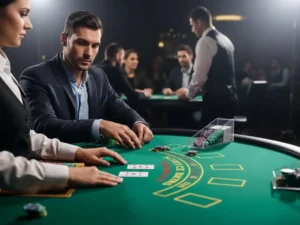 Person playing blackjack at superace88 casino, holding cards and chips at a lively casino table.