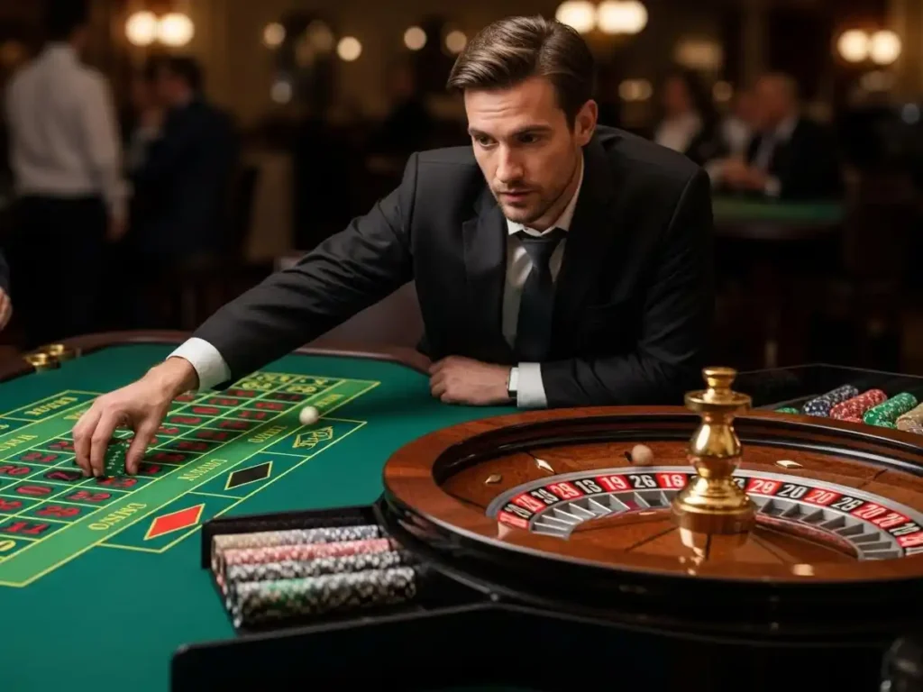 Casino player holding chips while betting on a roulette table at sw888 casino.