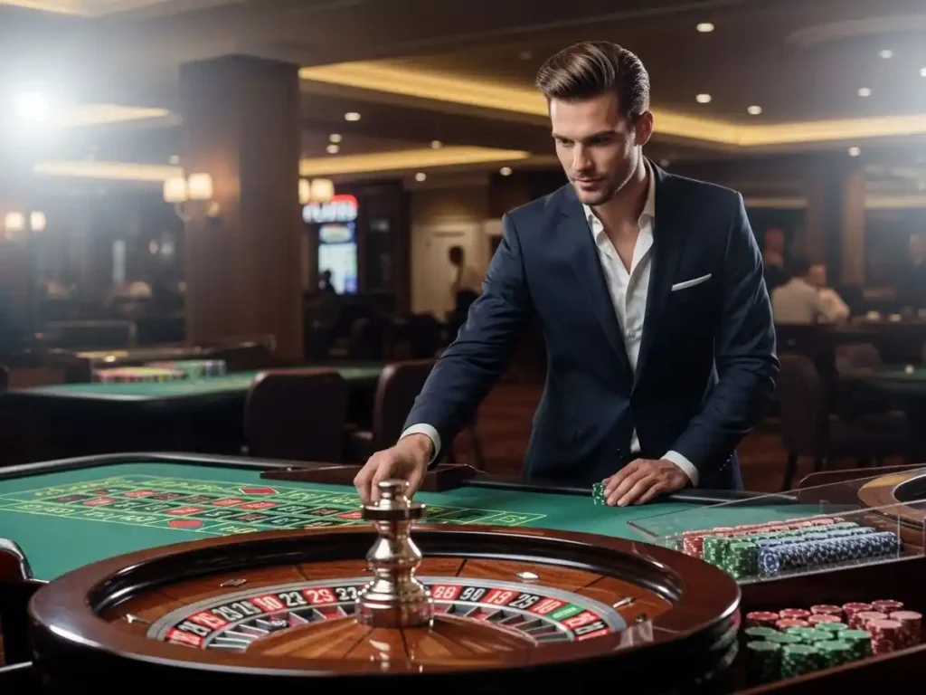 Focused casino guest watching the roulette wheel spin at sw888 casino, ready to place a winning bet.