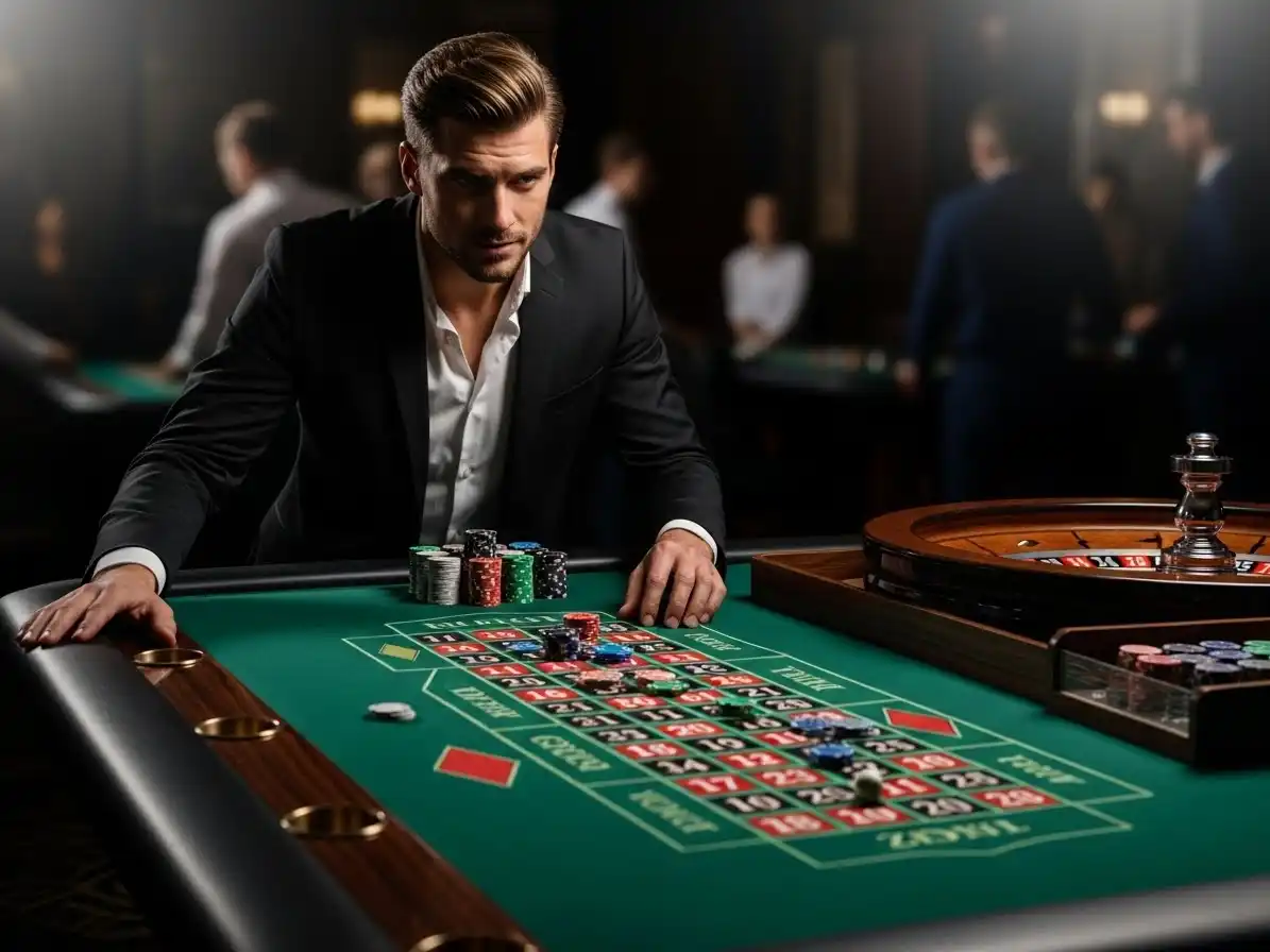 Person placing bets on a spinning roulette wheel at sw888 casino, enjoying the lively casino atmosphere.