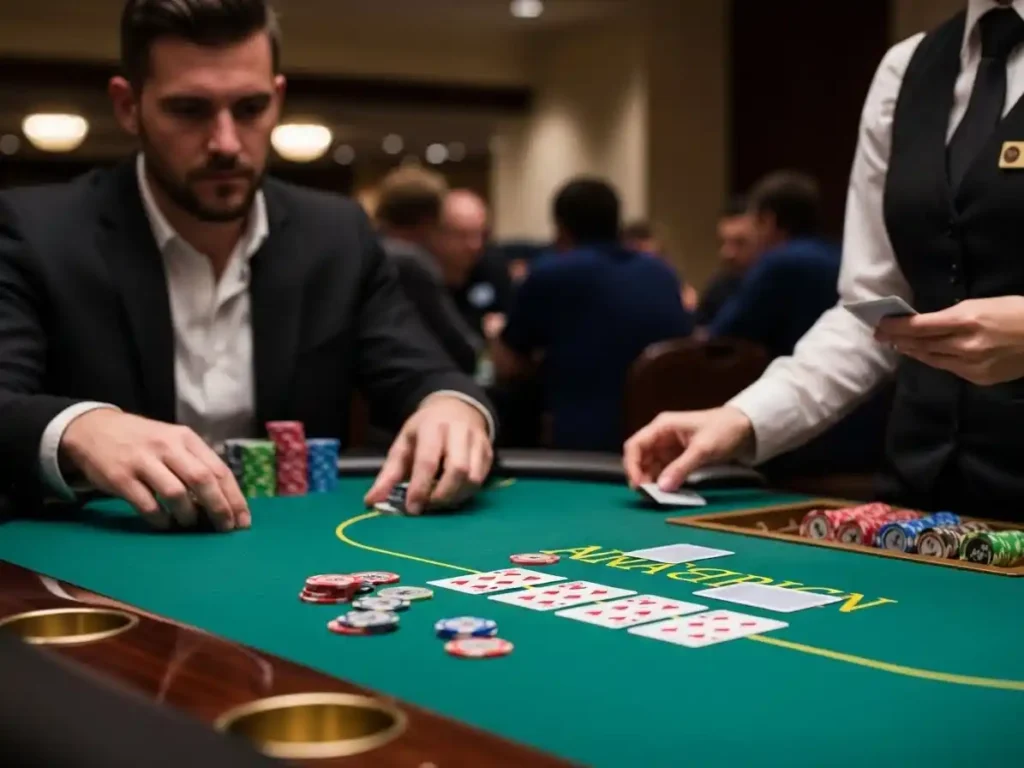 Poker enthusiast placing chips on the table during a game at 37jl casino.