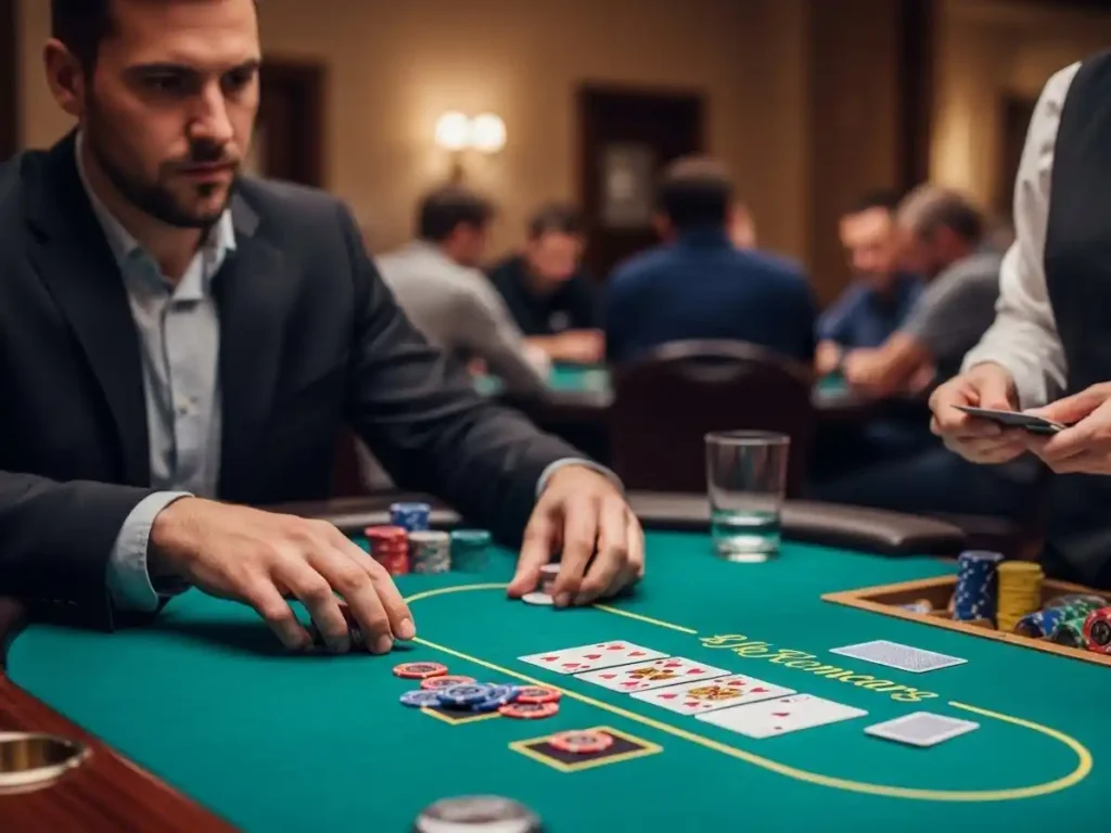 Casino player analyzing cards while playing poker at 37jl casino table.