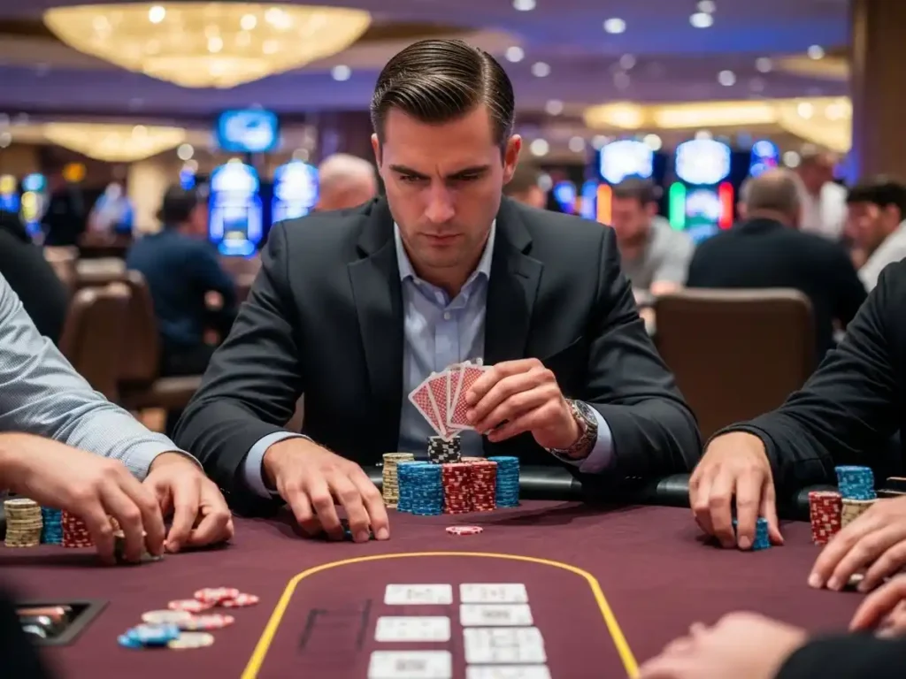 Focused poker player placing chips during a live game at 37jl casino.
