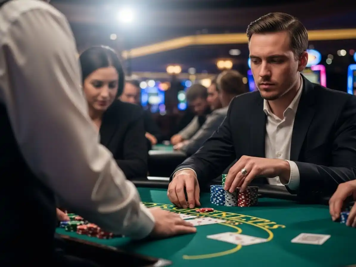 Person playing poker at 37jl casino, holding cards and poker chips at a lively casino table.