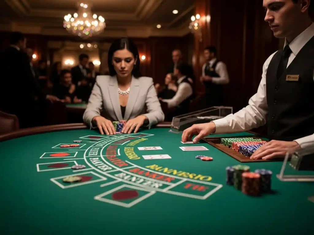 Focused player holding baccarat cards at casino street, with chips and the table layout in view.