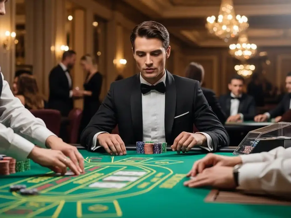 Casino guest enjoying a baccarat game at casino street, smiling while watching the dealer reveal the cards.