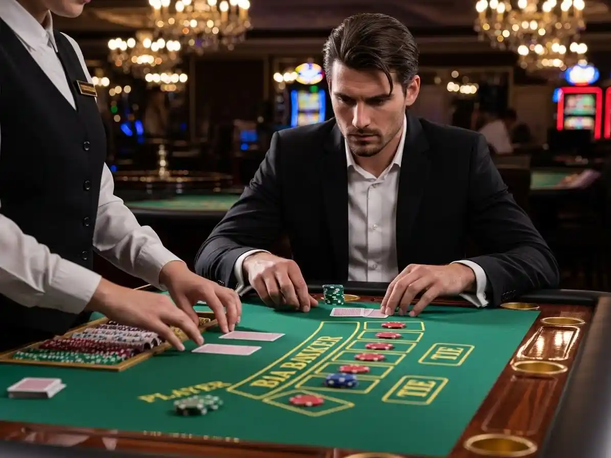 Person placing bets on a baccarat table at casino street, focused on the cards and chips during gameplay.