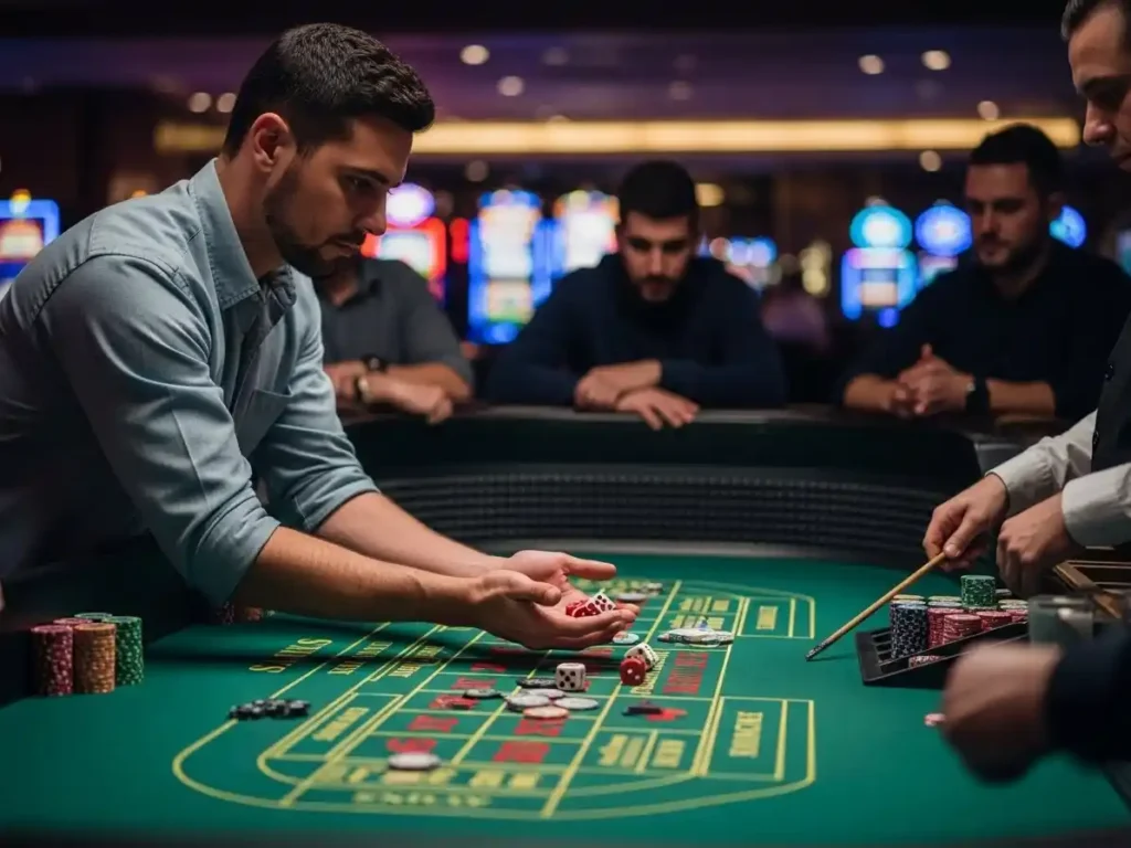 Casino guest rolling dice at a craps table in golden dragon casino with lively lights.