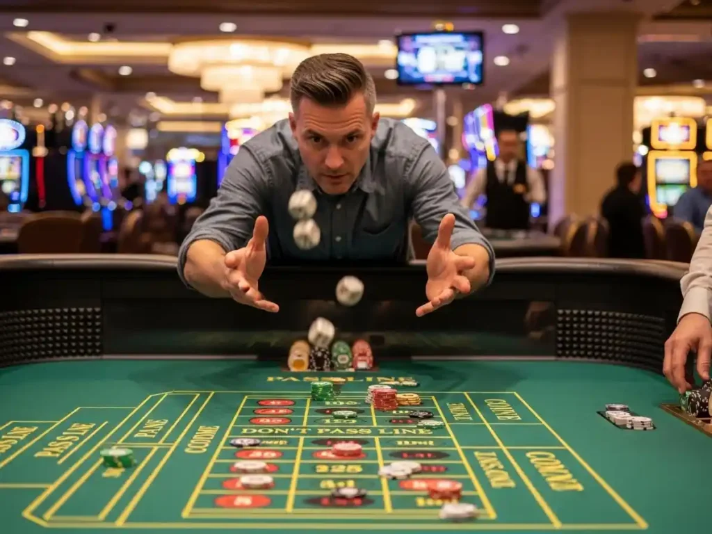 Player celebrating a winning roll at the craps table in golden dragon casino.